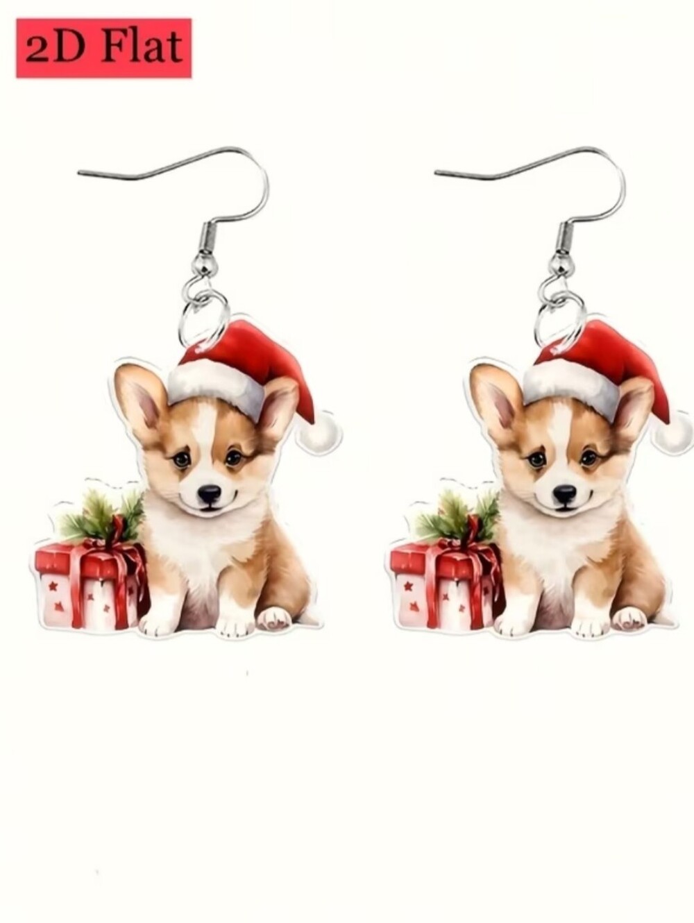 Hand Crafted Festive Corgi Drop Earrings in Red Santa Hat